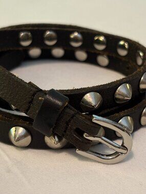 Black Leather Cone Spike Stud Skinny Belt Bracelet Punk Alt Y2K 40" Unbranded